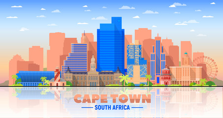 Naklejka premium Cape Town skyline with panorama in white background. Vector Illustration. Business travel and tourism concept with modern buildings. Image for presentation, banner, web site.