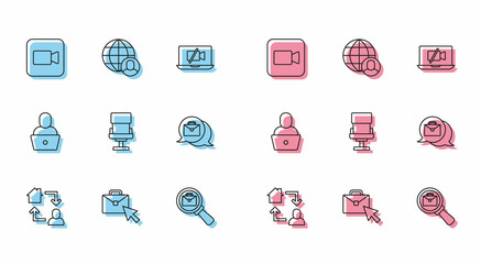 Set line Online working, Camera, Magnifying glass with briefcase, Office chair, Freelancer and icon. Vector