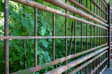 Rusted or rusty steel or iron fence grill or grid. Close up wide angle shot, greenery in the...