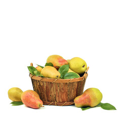 Delivery of fresh fruits and vegetables. Ripe pears in a wooden box. Isolated.