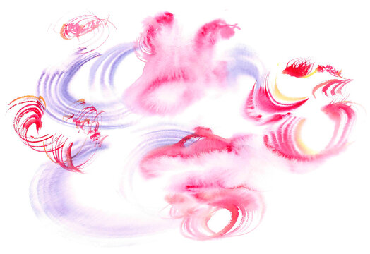 Abstract elegant soft aerial pattern in a crimson-purple gradient. Delicate watercolor wallpaper with fluffy curved lines. Lush light ruby clouds in the morning sky. A cozy landscape for peace relax.