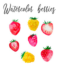 Watercolor hand drawn simple fruits elements, different berries, isolated elements, drawn food, strawberries green leaves, pink, cut strawberrie