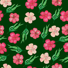 Watercolor hand drawn simple flowers pattern, flourish pattern, different wild flowers, green background, botanical backdrop, pink flowers, green leaves, tropic plants