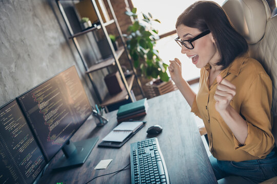 Profile side view portrait of attractive cheerful lucky skilled girl cyber editor celebrating web solution at workplace workstation indoors