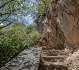 Fototapeta na wymiar On Menalon Trail in Lousios Gorge from Prodromos Monastery to New Philosophohos Monastery, Dimitsana, Arcadia, Peloponnese, Greece