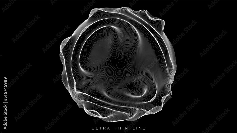 Poster ultra thin line fluid geometry. dynamic vector distorted spheres.