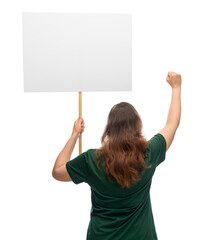 feminism and human rights concept - woman with poster protesting on demonstration over white...