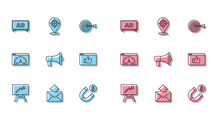 Set line Board with graph chart, Mail and e-mail, Advertising, Magnet money, Megaphone, Customer product rating, Website statistic and Target icon. Vector