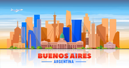 Buenos Aires ( Argentina ) skyline with panorama in white background. Vector Illustration. Business travel and tourism concept with modern buildings. Image for presentation, banner, web site. - obrazy, fototapety, plakaty