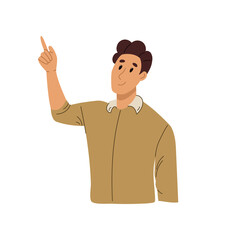 Young man looking up and showing something. Smiling guy pointing upword with finger. Flat vector illustration
