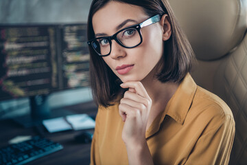 Cropped view portrait of attractive smart clever skilled girl cyber engineer hr researcher at workplace workstation indoors