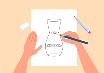 Hand holds a pencil and draws a sketch of a vase on paper. There is an eraser and pencil on the table next to it. Learning to draw. Hobby. Top view. Vector illustration in flat style