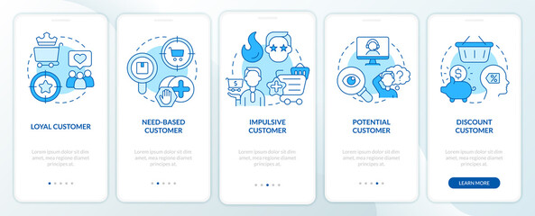 Types of customers blue onboarding mobile app screen. Business clients walkthrough 5 steps editable graphic instructions with linear concepts. UI, UX, GUI template. Myriad Pro-Bold, Regular fonts used