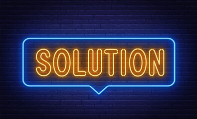 Solution neon sign on brick wall background