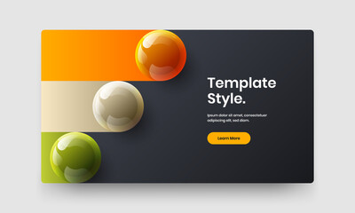 Geometric company cover design vector template. Multicolored realistic spheres landing page layout.