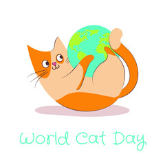 Cute cat is playing with the world vector icon. Isolated animal nature icon concept. flat cartoon style