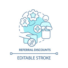 Referral discounts turquoise concept icon. Customer bonuses. Allowances type abstract idea thin line illustration. Isolated outline drawing. Editable stroke. Arial, Myriad Pro-Bold fonts used