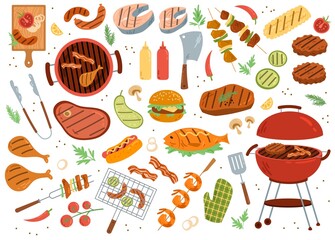 BBQ party icons set. Grilled beef meat or chicken legs, smoked sausages, fried fish, vegetables and seafood. Barbecue or picnic tools. Cartoon flat vector collection isolated on white background