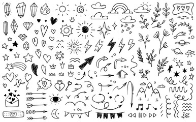 Set of various hand drawn elements. Icons with arrows, plants, hearts, crystals, clouds and stars, rainbow and crown. Design for stickers. Cartoon flat vector collection isolated on white background