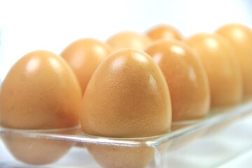 Close-up view of 8 chicken eggs perched on a tray against a white background.