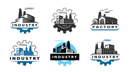 Factory vector logo set design template. Manufactory, industrial building or industry badge