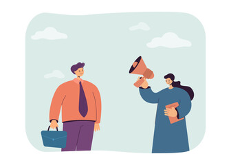 Woman with loudspeaker and man flat vector illustration. Chief announcing important information to employee. Announcement, message concept for banner, website design or landing web page