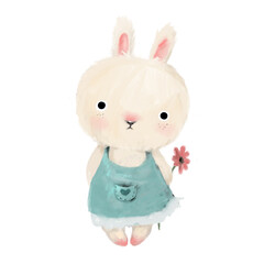 Lovely cute girl bunny with a pink flower childish print wearing dress clipart for goods, apparel, fabric. Nursery newborn art illustration.