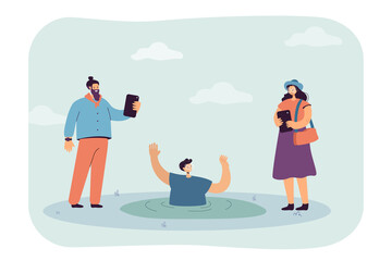 People using phones while man drowning in pond. Person asking for help flat vector illustration. Apathy, emergency concept for banner, website design or landing web page