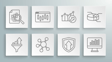 Set line Sales funnel with chart, Browser stocks market, Project team base, Financial growth, Monitor graph, Pie infographic and Document icon. Vector
