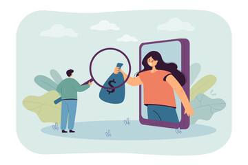 Man with magnifier receiving money bag from phone screen. Person earning cashback, making money online flat vector illustration. Profit, income concept for banner, website design or landing web page