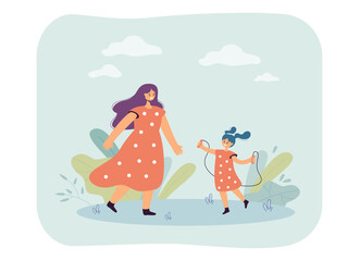 Little girl jumping rope with mother flat vector illustration. Mom and daughter spending time together. Family, love, sport, recreation concept for banner, website design or landing web page