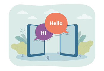 Mobile phones with hi speech bubbles flat vector illustration. People messaging on social media. Online communication, internet concept for banner, website design or landing web page © SurfupVector