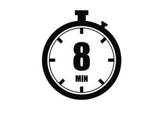8 Minutes timers clock. Time measure. Chronometer vector icon black isolated on white background.