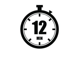 12 Minutes timers clock. Time measure. Chronometer vector icon black isolated on white background.