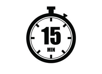 15 Minutes timers clock. Time measure. Chronometer vector icon black isolated on white background.