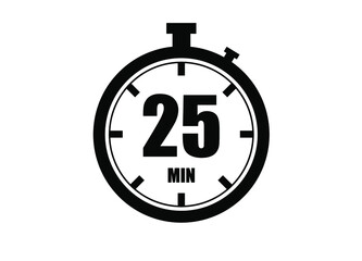 25 Minutes timers clock. Time measure. Chronometer vector icon black isolated on white background.
