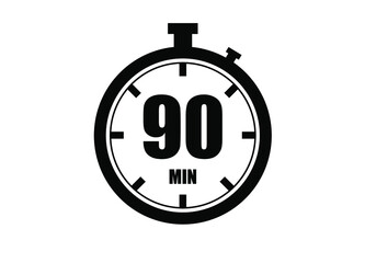90 Minutes timers clock. Time measure. Chronometer vector icon black isolated on white background.