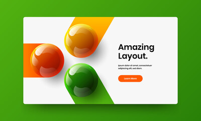 Bright website screen design vector concept. Fresh realistic balls corporate cover layout.