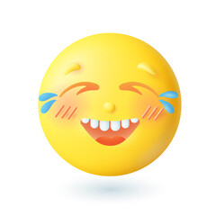 3d cartoon style emoticon crying with laughter icon. Happy yellow face having fun, laughing flat vector illustration. Emotion, joy, expression, happiness, communication concept