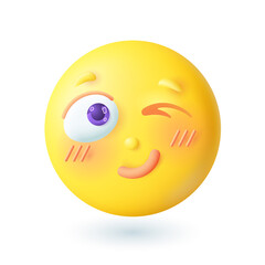 Fototapeta premium 3d cartoon style happy winking emoticon icon. Cute friendly yellow face with blush smiling flat vector illustration. Emotion, expression, satisfaction, happiness concept