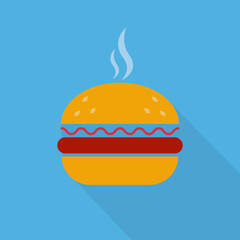 Burger icon with long shadow. Burger with aroma sign isolated on blue background. Street food icon. Fast food logo for menu cafeteria, pub, restaurant. Vector illustration in flat design