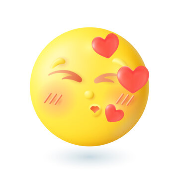 3d cartoon style emoticon blowing kiss with closed eyes icon. Happy yellow face with blush falling in love flat vector illustration. Romance, valentine, emotion concept