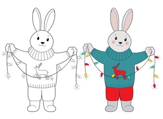 Funny bunny in sweater holding Christmas garland. Design element or a page of children's coloring book.  Black-and-white and color outline illustration on a white background