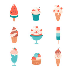 Ice cream collection. Ice cream cone with different flavors, ice lolly, ice cream in glass. Summertime, hello summer. Hand drawn vector illustration