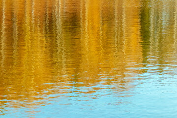 Autumn blurred background of reflected yellow trees in river water
