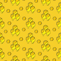 Bright yellow print. Drops of sweet honey, bright yellow honeycomb with honey, seamless pattern in cartoon style