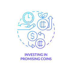 Investing in promising coins blue gradient concept icon. Perspective project. Way to make money on crypto abstract idea thin line illustration. Isolated outline drawing. Myriad Pro-Bold font used