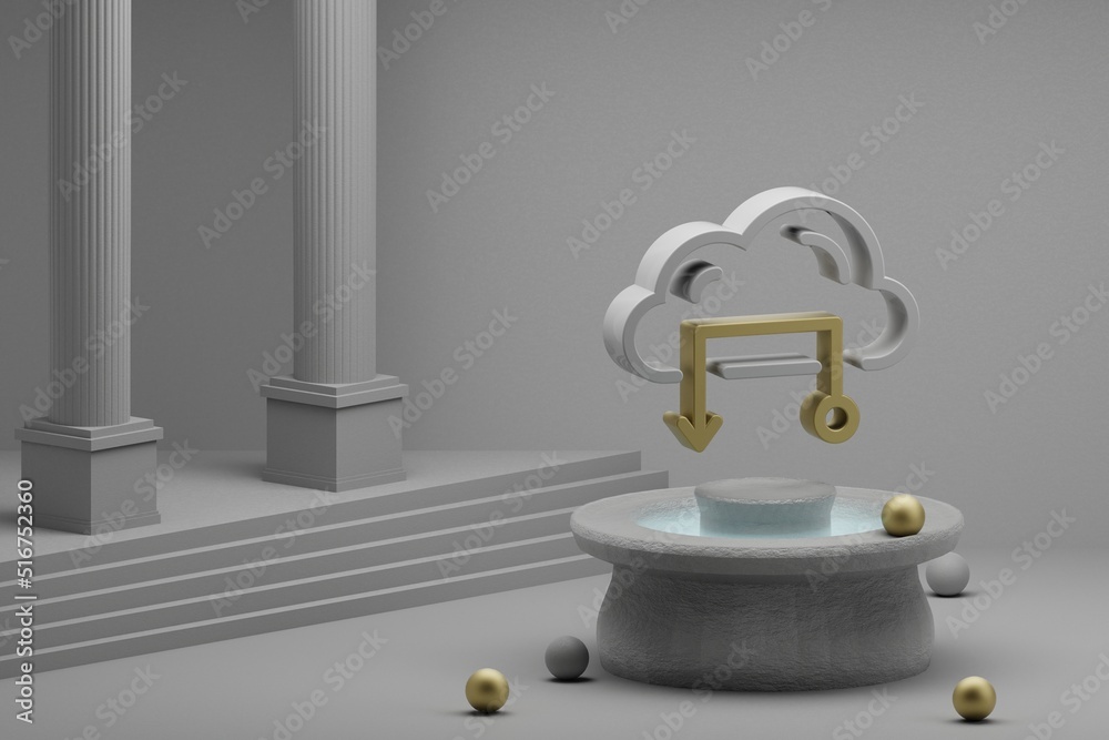 Fototapete Beautiful abstract illustrations Cloud Database symbol icon on a fountain and column background. 3d rendering illustration. Web Hosting.