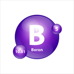 Boron (B) icon structure  chemical element round shape circle purple. 3D Illustration vector. Chemical element of periodic table Sign with atomic number. Study in science for education. 