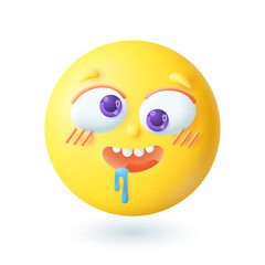 3d cartoon style happy drooling emoticon icon. Hungry yellow face waiting for delicious food flat vector illustration. Emotion, expression, happiness, joy, communication concept
